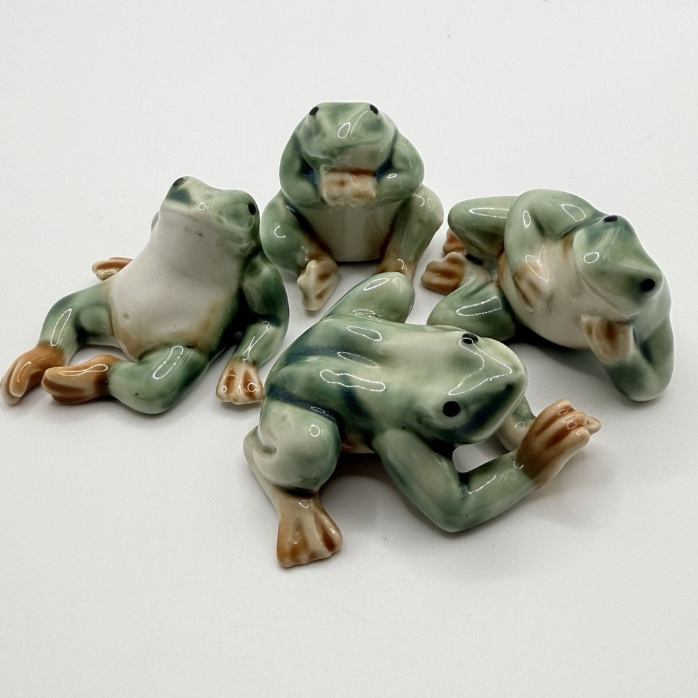 Lot of Four Relaxing Ceramic Frogs Figurines Chilling and Enjoying the Day